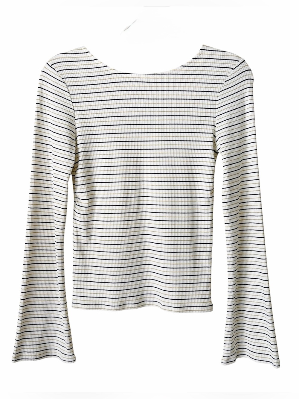 Boden | Striped Ribbed Knit Shirt Top Bell Sleeves Scoop Back Cream Black Gold 2